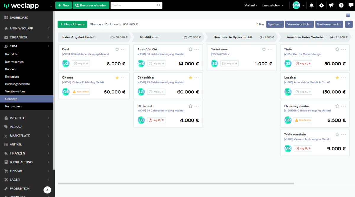 Screenshot weclapp Kanban Chancen