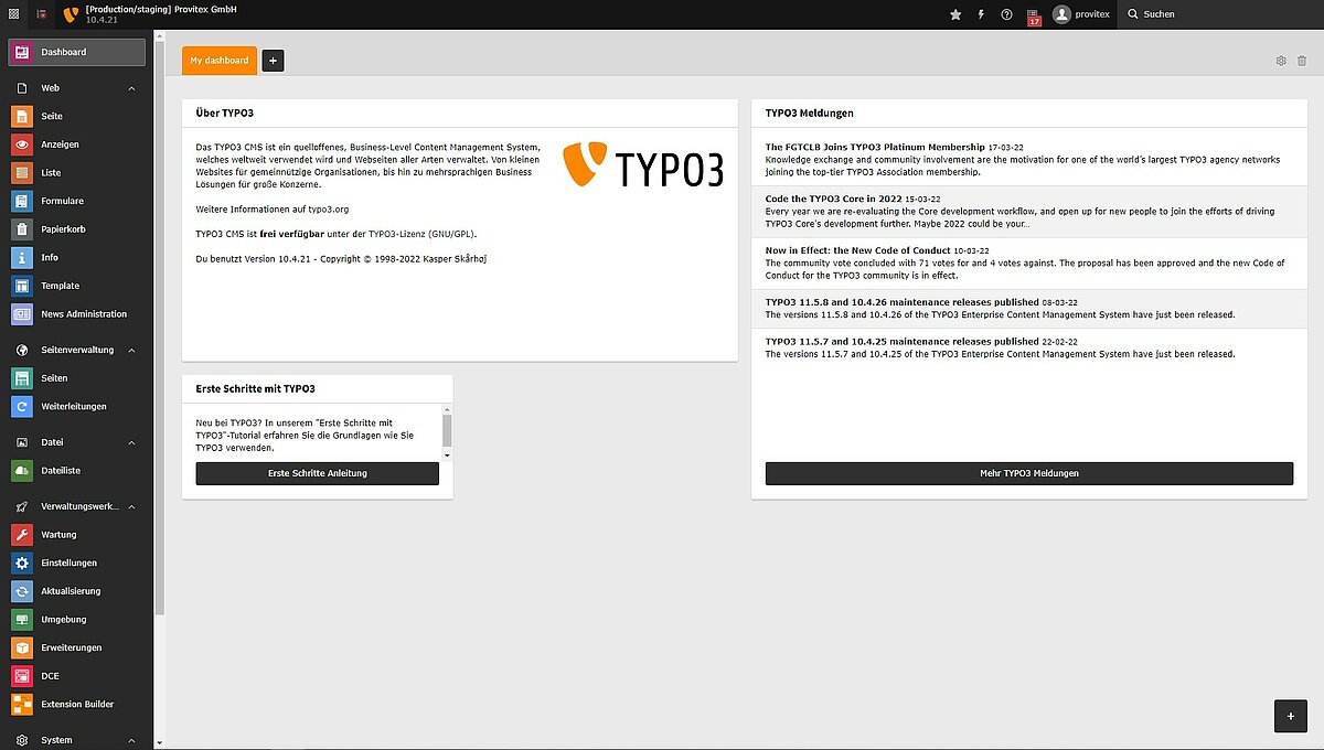 Screenshot Typo3 Dashboard